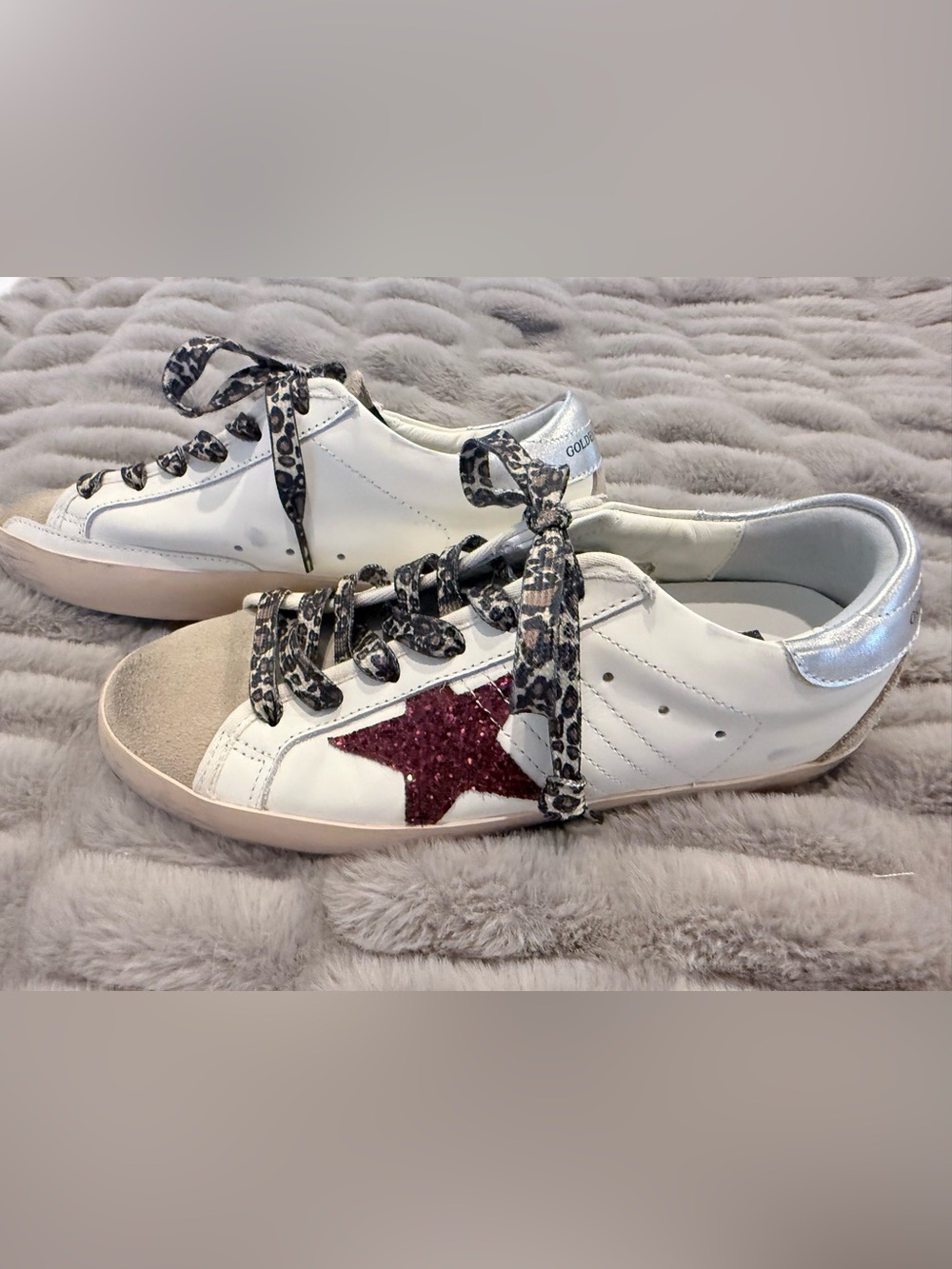 Golden Goose White Sneakers with Burgundy Glitter Star and Silver Heel